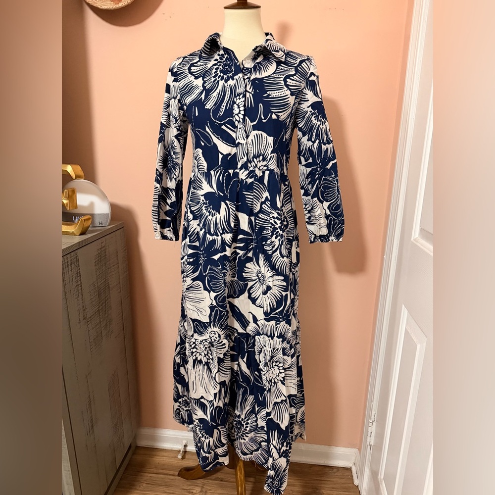 NWT Rachel Zoe Navy and White Button Up Bodice Floral Maxi Dress Sz XS